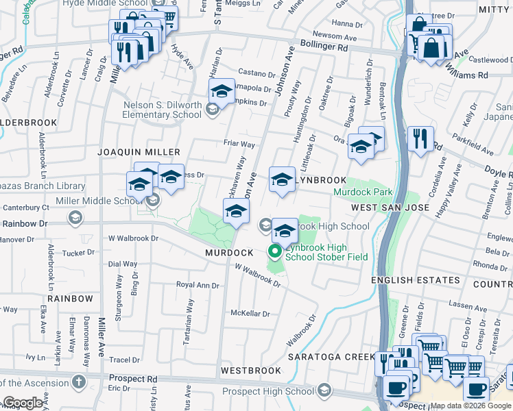 map of restaurants, bars, coffee shops, grocery stores, and more near 1217 Lynbrook Way in San Jose