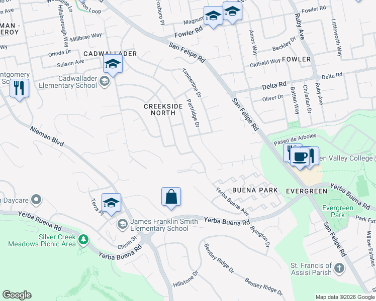 map of restaurants, bars, coffee shops, grocery stores, and more near 4262 Forestwood Drive in San Jose
