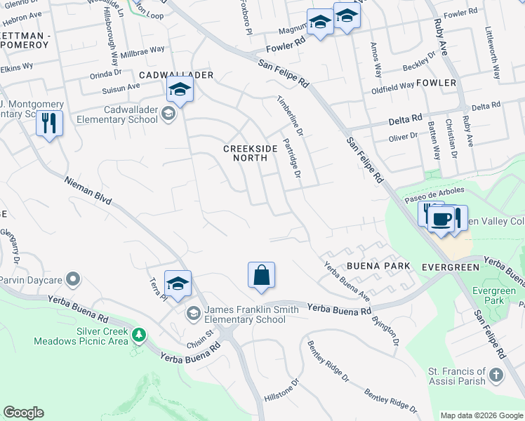 map of restaurants, bars, coffee shops, grocery stores, and more near 2470 Lone Oak Drive in San Jose