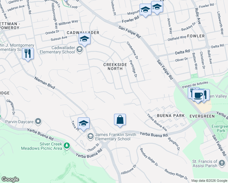 map of restaurants, bars, coffee shops, grocery stores, and more near 2470 Lone Oak Drive in San Jose