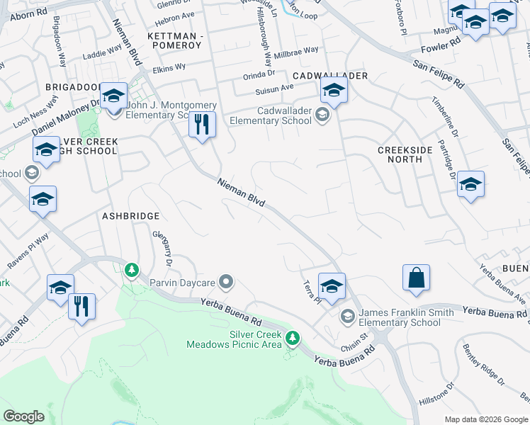 map of restaurants, bars, coffee shops, grocery stores, and more near 3890 Mars Court in San Jose