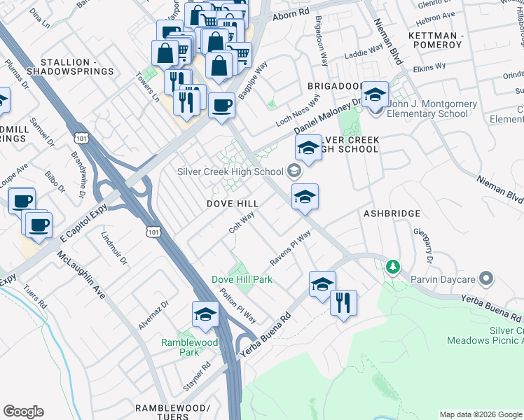 map of restaurants, bars, coffee shops, grocery stores, and more near 1549 Via Alegria Court in San Jose