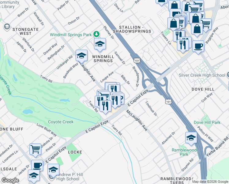 map of restaurants, bars, coffee shops, grocery stores, and more near 3144 McLaughlin Avenue in San Jose