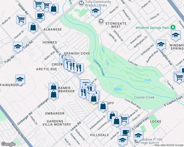 map of restaurants, bars, coffee shops, grocery stores, and more near 2675 Lone Bluff Way in San Jose