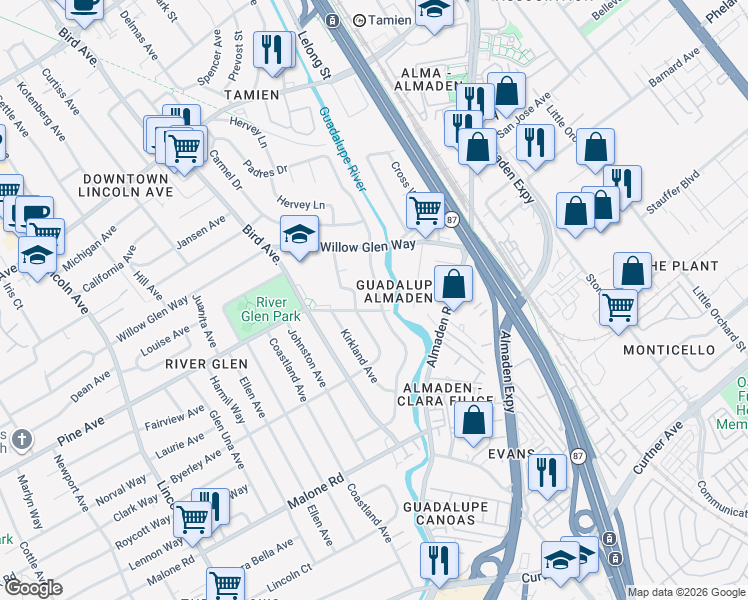 map of restaurants, bars, coffee shops, grocery stores, and more near 1792 Creek Drive in San Jose