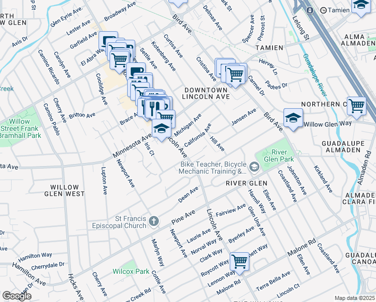 map of restaurants, bars, coffee shops, grocery stores, and more near 1085 Nevada Place in San Jose