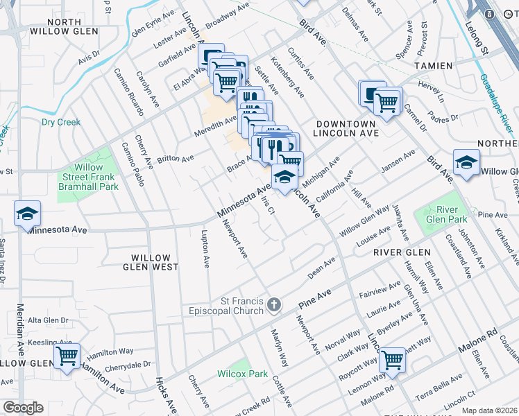 map of restaurants, bars, coffee shops, grocery stores, and more near 1440 Glenpine Drive in San Jose