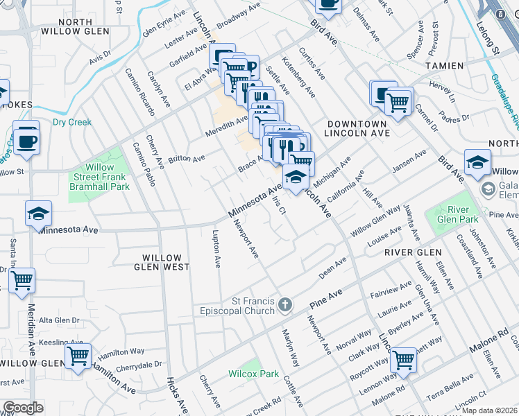map of restaurants, bars, coffee shops, grocery stores, and more near 1440 Glenpine Drive in San Jose