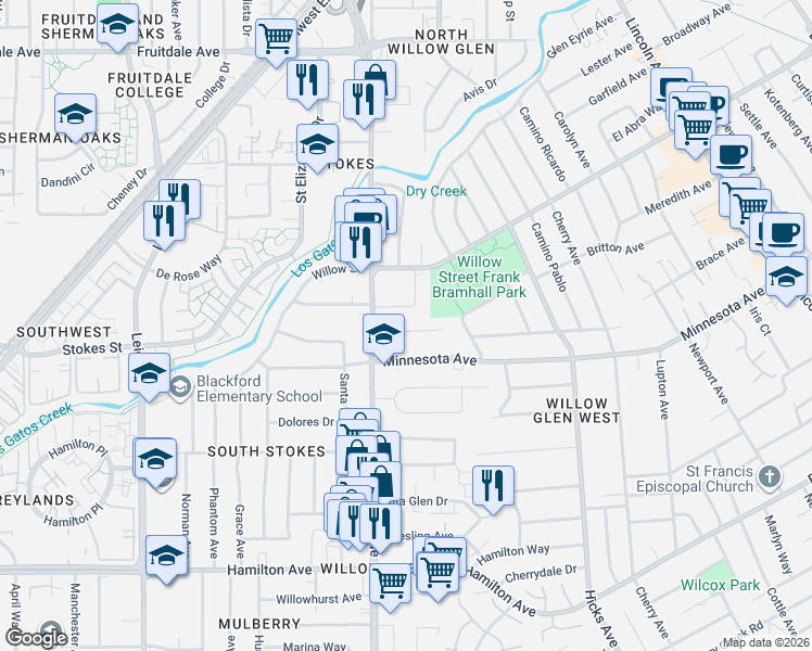 map of restaurants, bars, coffee shops, grocery stores, and more near 1565 Camino Monde in San Jose