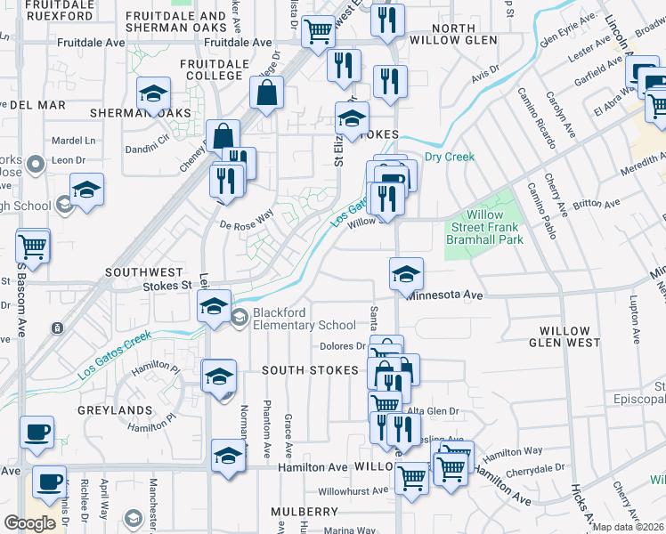 map of restaurants, bars, coffee shops, grocery stores, and more near 1799 Santa Lucia Drive in San Jose