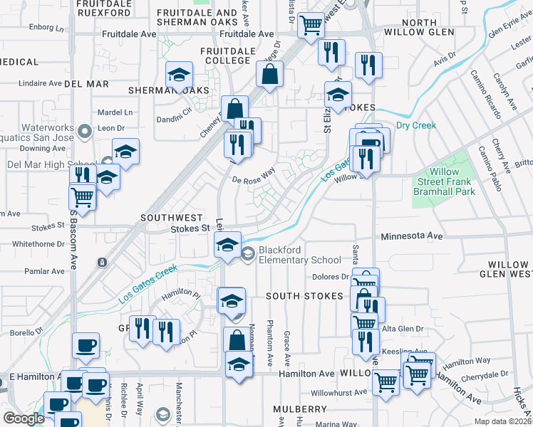 map of restaurants, bars, coffee shops, grocery stores, and more near 1484 Stokes Street in San Jose