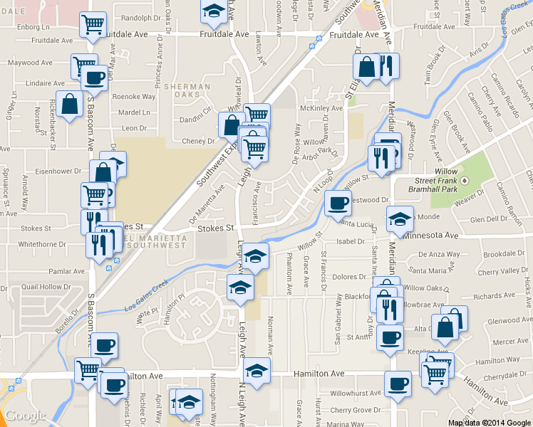 map of restaurants, bars, coffee shops, grocery stores, and more near 1220 Francisco Avenue in San Jose