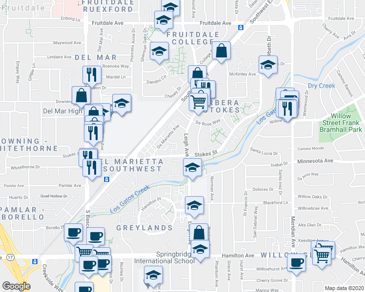 map of restaurants, bars, coffee shops, grocery stores, and more near 1201 Leigh Avenue in San Jose