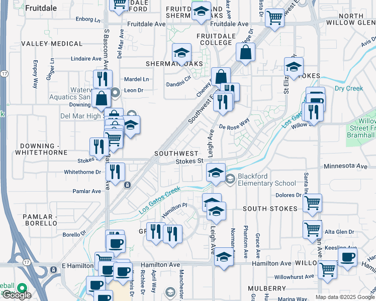 map of restaurants, bars, coffee shops, grocery stores, and more near 1780 De Marietta Court in San Jose