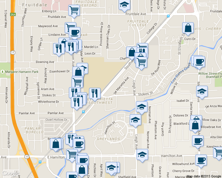 map of restaurants, bars, coffee shops, grocery stores, and more near in San Jose