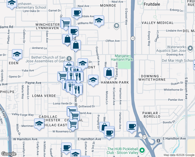 map of restaurants, bars, coffee shops, grocery stores, and more near 1276 Woodlawn Avenue in San Jose