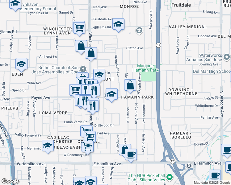 map of restaurants, bars, coffee shops, grocery stores, and more near 1276 Woodlawn Avenue in San Jose