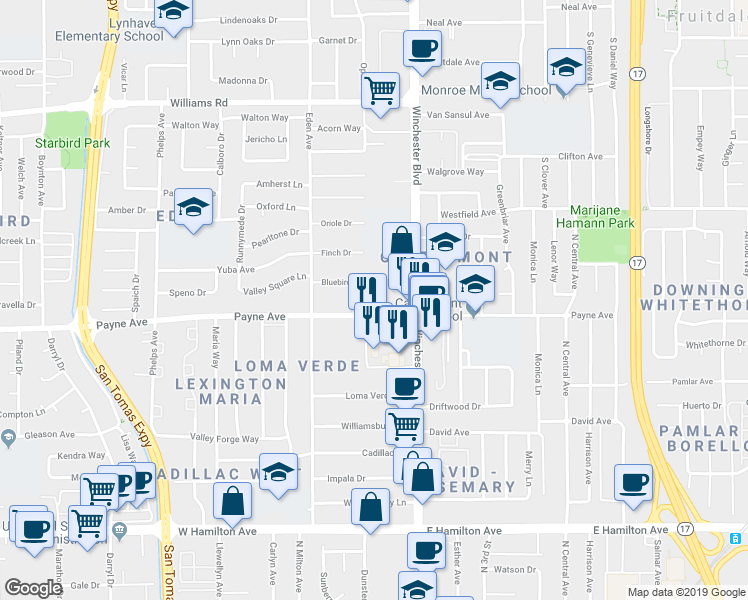 map of restaurants, bars, coffee shops, grocery stores, and more near 3153 Payne Avenue in San Jose