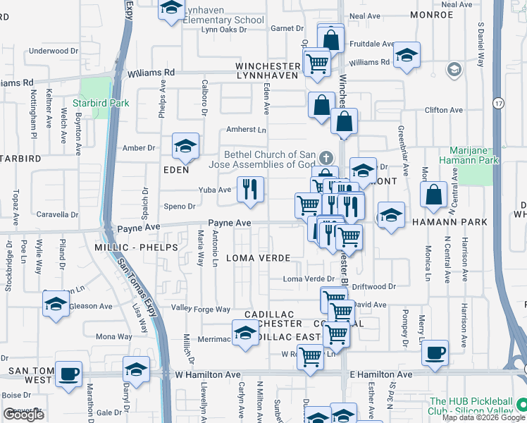 map of restaurants, bars, coffee shops, grocery stores, and more near 3263 Payne Avenue in San Jose