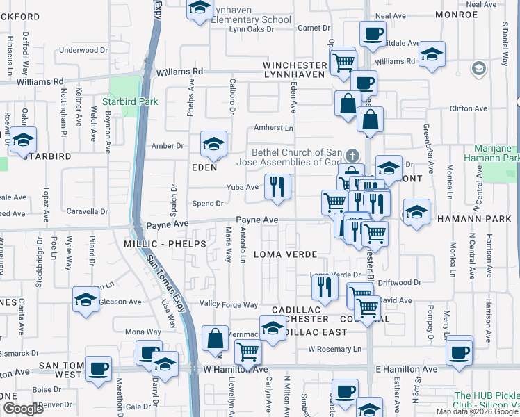 map of restaurants, bars, coffee shops, grocery stores, and more near 3332 Valley Square Lane in San Jose