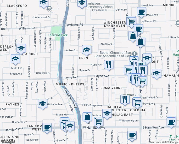 map of restaurants, bars, coffee shops, grocery stores, and more near 3470 Speno Drive in San Jose