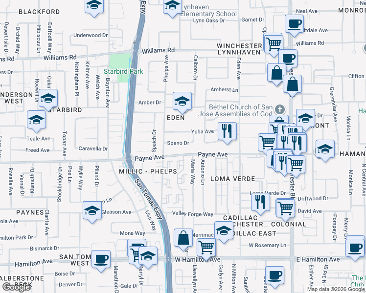 map of restaurants, bars, coffee shops, grocery stores, and more near 3470 Speno Drive in San Jose