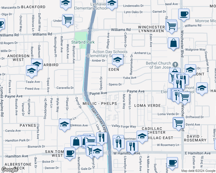 map of restaurants, bars, coffee shops, grocery stores, and more near 3530 Speno Drive in San Jose