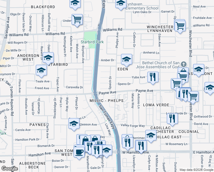 map of restaurants, bars, coffee shops, grocery stores, and more near 1256 Spaich Drive in San Jose
