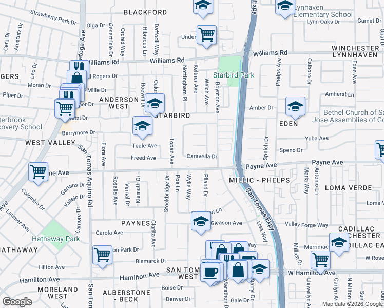 map of restaurants, bars, coffee shops, grocery stores, and more near 3769 Caravella Drive in San Jose