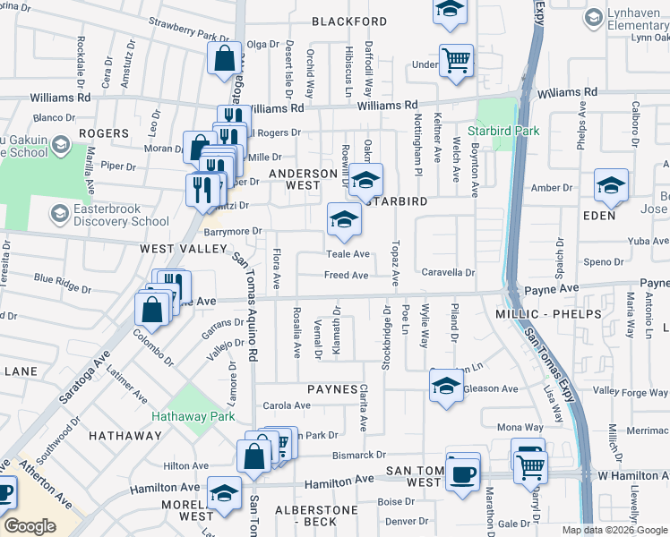 map of restaurants, bars, coffee shops, grocery stores, and more near 4029 Freed Avenue in San Jose