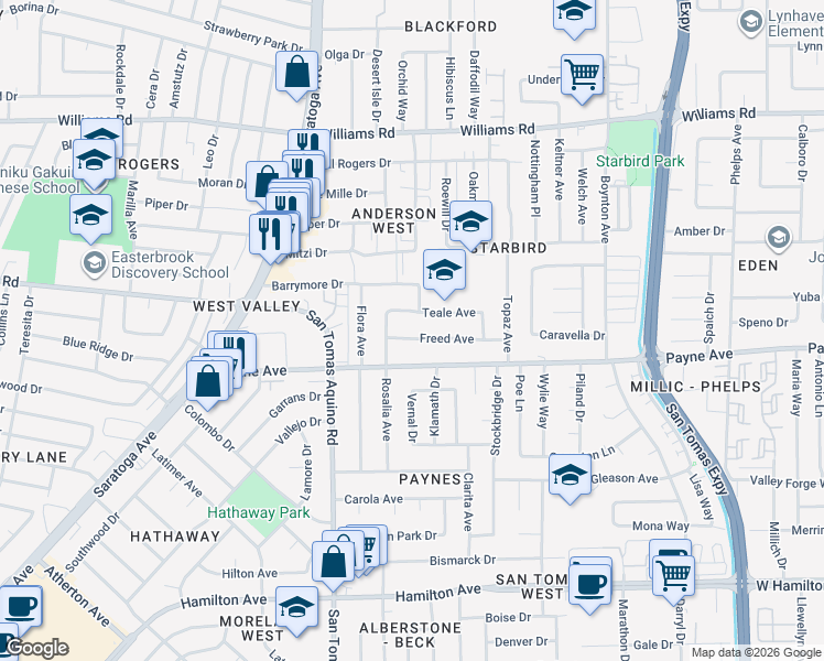 map of restaurants, bars, coffee shops, grocery stores, and more near 4083 Freed Avenue in San Jose