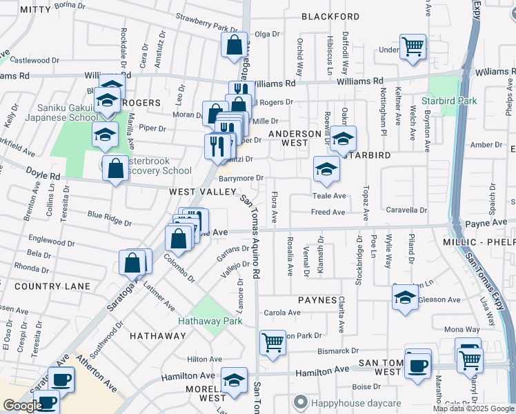 map of restaurants, bars, coffee shops, grocery stores, and more near 1277 San Tomas Aquino Road in San Jose