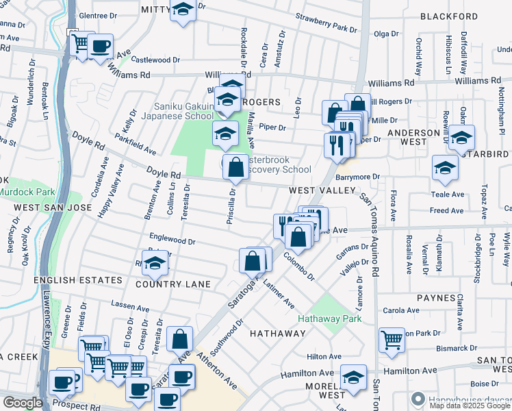 map of restaurants, bars, coffee shops, grocery stores, and more near 4633 Winding Way in San Jose