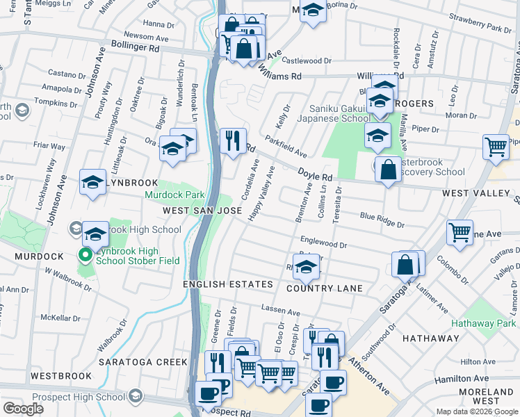 map of restaurants, bars, coffee shops, grocery stores, and more near 5245 Shady Avenue in San Jose