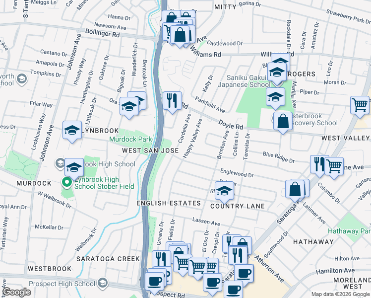 map of restaurants, bars, coffee shops, grocery stores, and more near 5245 Shady Avenue in San Jose