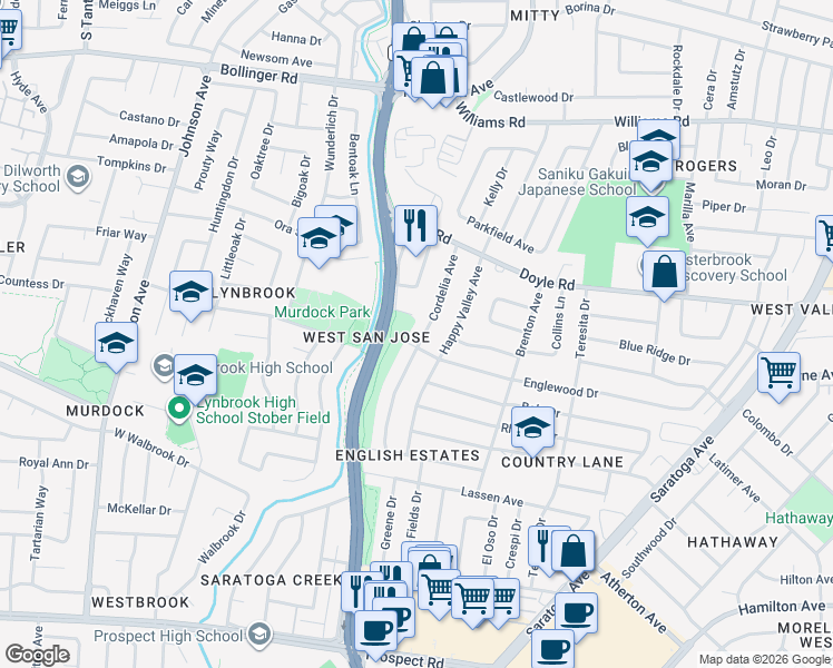 map of restaurants, bars, coffee shops, grocery stores, and more near 1291 Cordelia Avenue in San Jose
