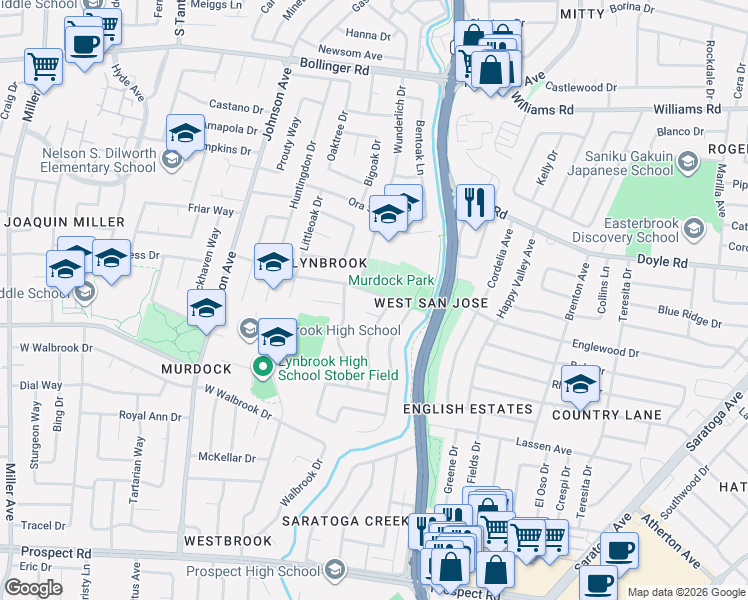 map of restaurants, bars, coffee shops, grocery stores, and more near 5468 Castle Glen Avenue in San Jose