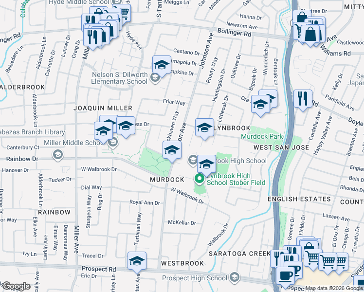 map of restaurants, bars, coffee shops, grocery stores, and more near 1217 Lynbrook Way in San Jose