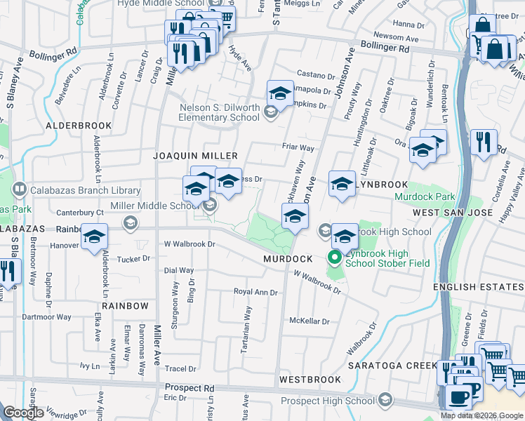 map of restaurants, bars, coffee shops, grocery stores, and more near 1218 Donington Drive in San Jose