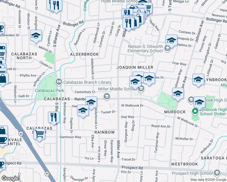 map of restaurants, bars, coffee shops, grocery stores, and more near 6354 Dresden Way in San Jose