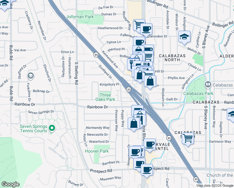 map of restaurants, bars, coffee shops, grocery stores, and more near 11440 Garden Terrace Drive in Cupertino