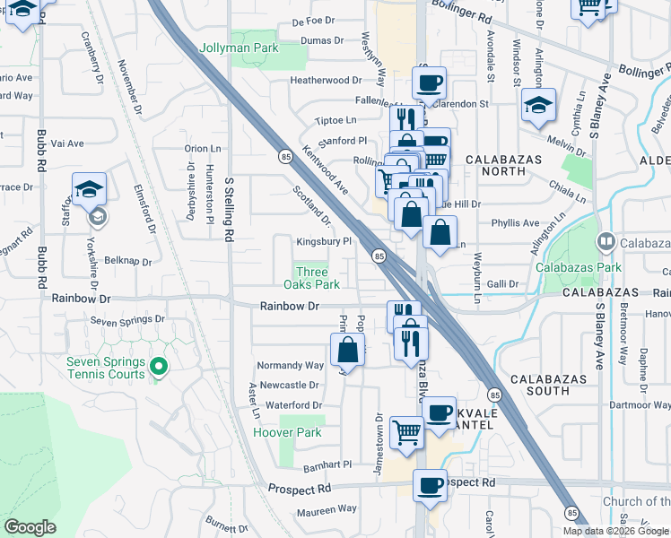 map of restaurants, bars, coffee shops, grocery stores, and more near 1198 Moltzen Drive in Cupertino