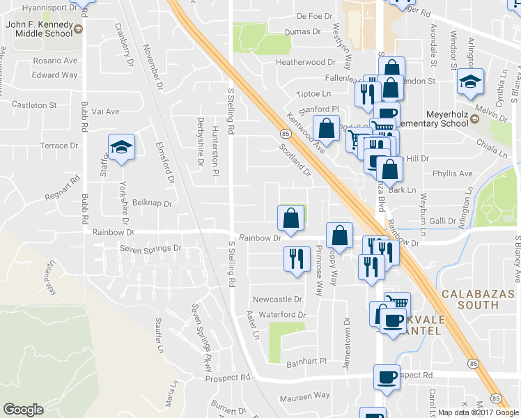 map of restaurants, bars, coffee shops, grocery stores, and more near 7640 Berland Court in Cupertino
