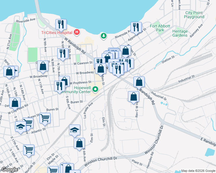 map of restaurants, bars, coffee shops, grocery stores, and more near 110 East City Point Road in Hopewell