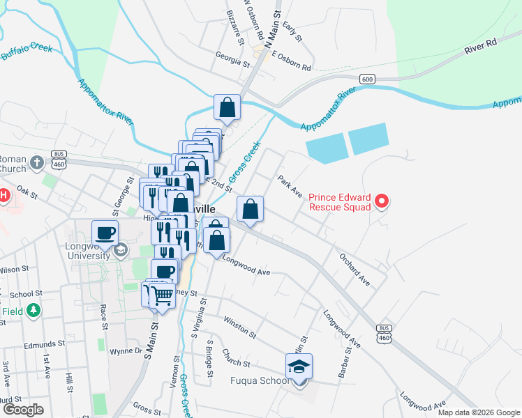 map of restaurants, bars, coffee shops, grocery stores, and more near 408 East 2nd Street in Farmville