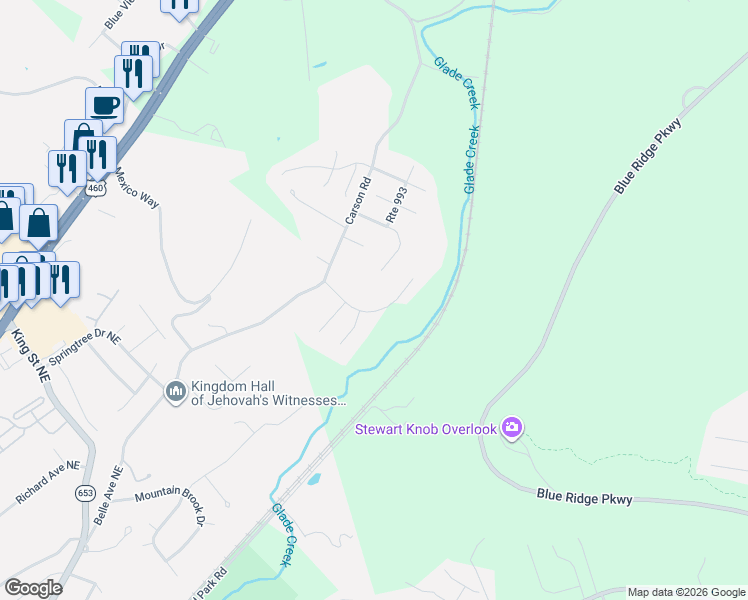 map of restaurants, bars, coffee shops, grocery stores, and more near 3804 Route 3004 in Roanoke