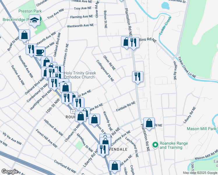 map of restaurants, bars, coffee shops, grocery stores, and more near 3111 Ellsworth Street Northeast in Roanoke