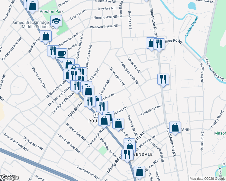map of restaurants, bars, coffee shops, grocery stores, and more near 168 Wildhurst Avenue Northeast in Roanoke