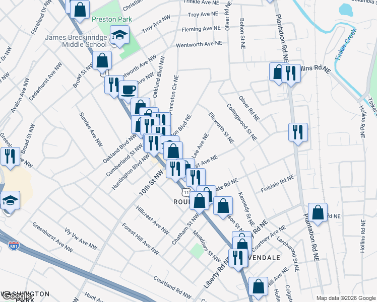 map of restaurants, bars, coffee shops, grocery stores, and more near 3307 Birchwood Avenue Northeast in Roanoke