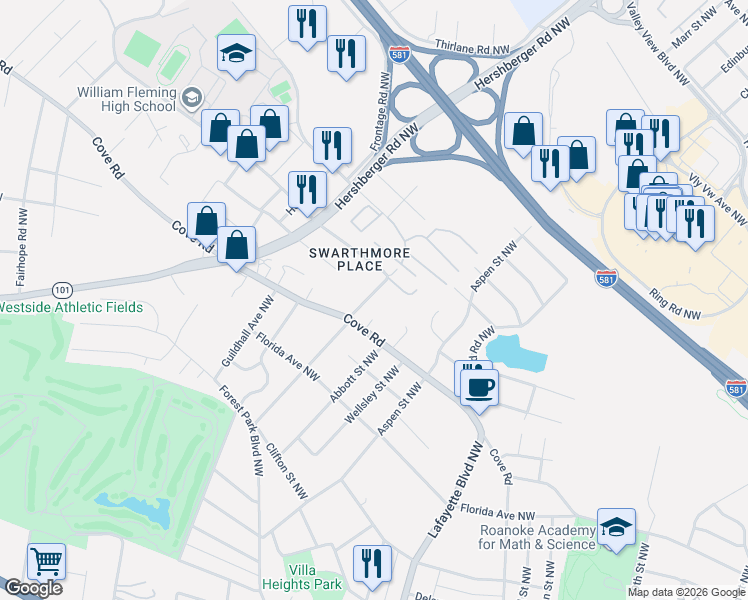 map of restaurants, bars, coffee shops, grocery stores, and more near 1619 Coveland Drive Northwest in Roanoke